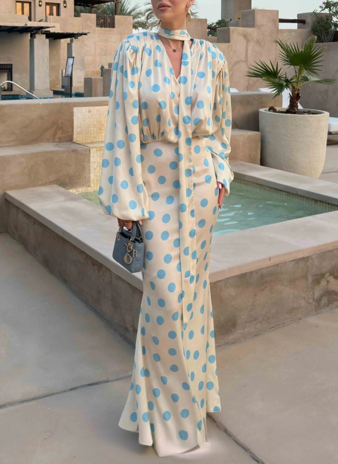Timeless Polka Dot V-Neck Long Puff Sleeve Draped Maxi Mermaid Dress - Free Shipping
