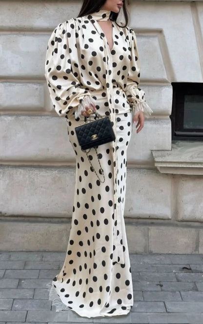 Timeless Polka Dot V-Neck Long Puff Sleeve Draped Maxi Mermaid Dress - Free Shipping