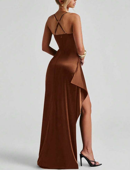 Stunning Ruched Strap High Slit Maxi Dress - Free Shipping