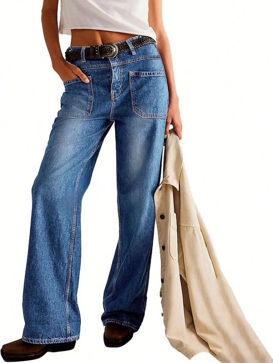 Trendy Denim Adjustable Front Pockets Washed Loose Leg Blue Jeans Pants-Free Shipping