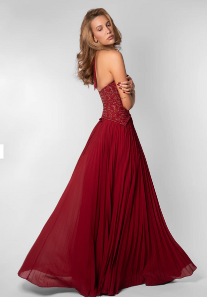 Sophisticated Sweetheart Halter Corset Pleated Flowy Maxi Dress-Free Shipping