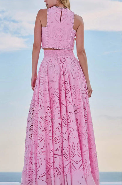 Vintage Sleeveless Pocket Eyelet Two-Piece Maxi Skirt Set - Free Shipping