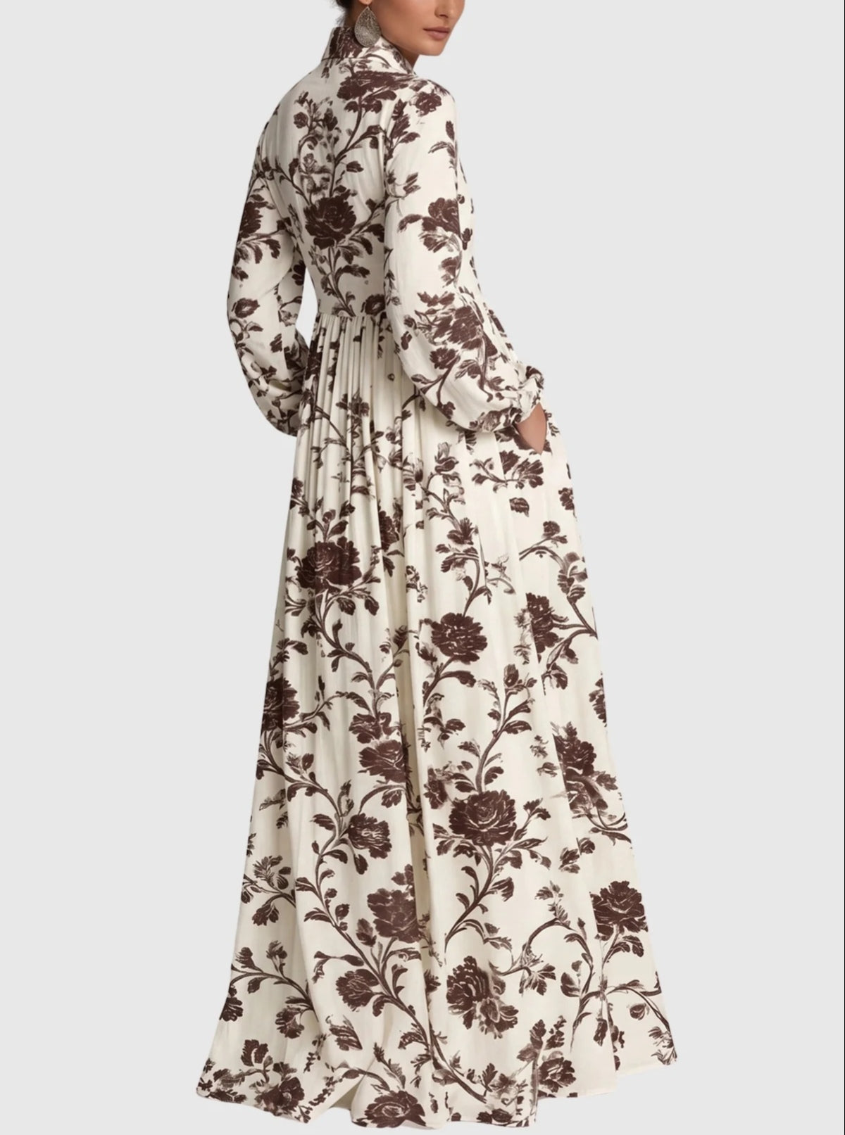 Vibrant Printed Buttoned Long Sleeve Flowy Maxi Dress-Free Shipping