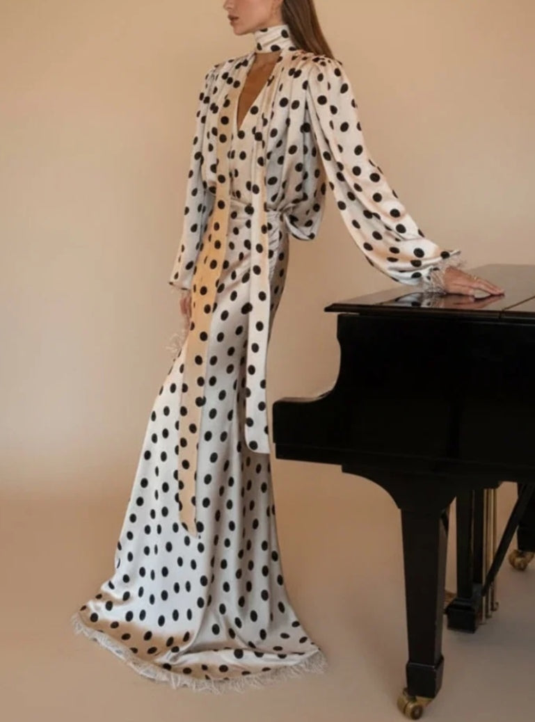 Timeless Polka Dot V-Neck Long Puff Sleeve Draped Maxi Mermaid Dress - Free Shipping