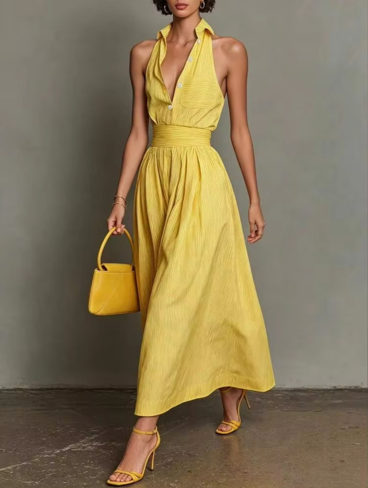 Romantic Yellow Buttoned Halter Neck Pleated Pocket Maxi Dress-Free Shipping