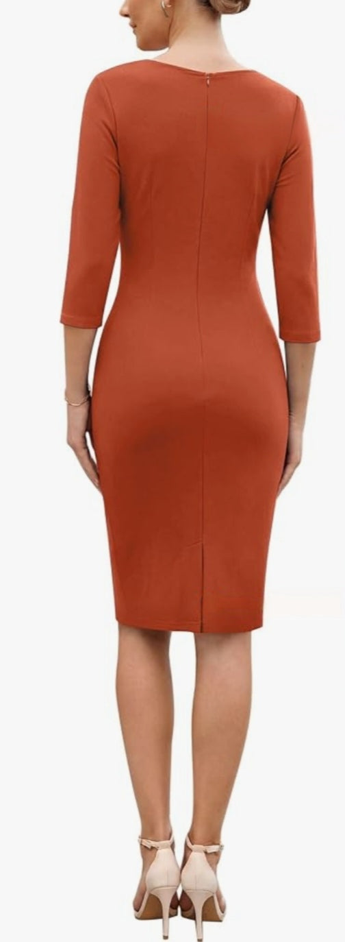 Refined Ruched Three-Quarter Sleeve Slit Bodycon Midi Dress-Free Shipping
