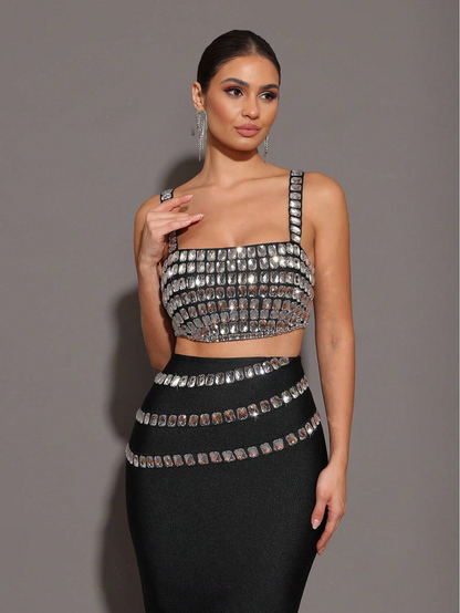 Sparkling Rhinestone-Embellished Strap Top & Long Skirt Set - Free Shipping