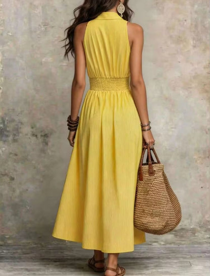 Romantic Yellow Buttoned Halter Neck Pleated Pocket Maxi Dress-Free Shipping