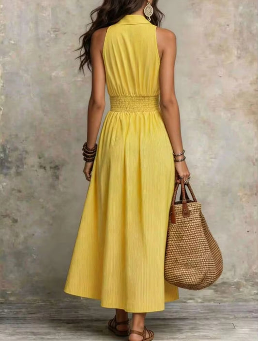 Romantic Yellow Buttoned Halter Neck Pleated Pocket Maxi Dress-Free Shipping