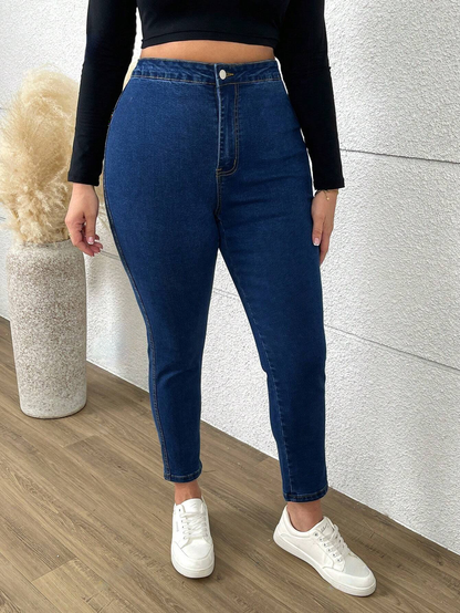 Chic and Comfortable Plus Size Blue Denim Skinny Jeans-Free Shipping