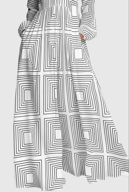 Vibrant Printed Buttoned Long Sleeve Flowy Maxi Dress-Free Shipping