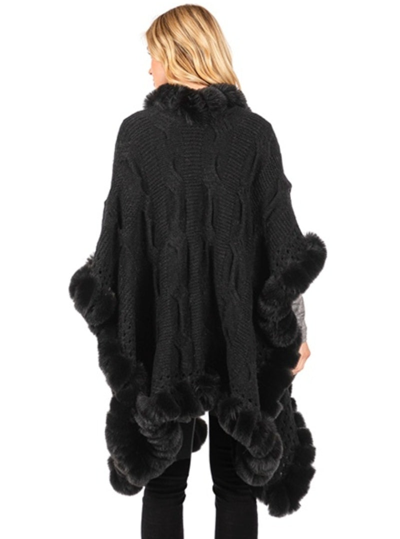 Stylish Faux Fur Trim Cable Knit Closure Cape Shawl – Free Shipping