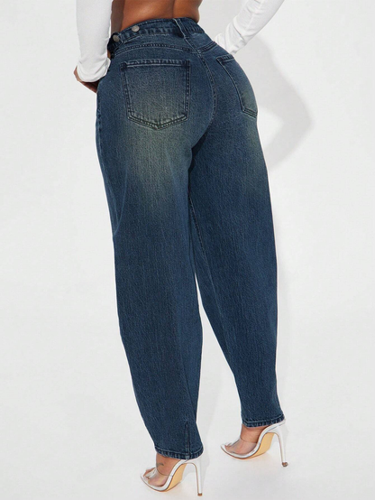 Stylish Blue Denim Baggy High Waist Loose Leg Jeans Pants-Free Shipping