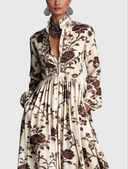 Vibrant Printed Buttoned Long Sleeve Flowy Maxi Dress-Free Shipping