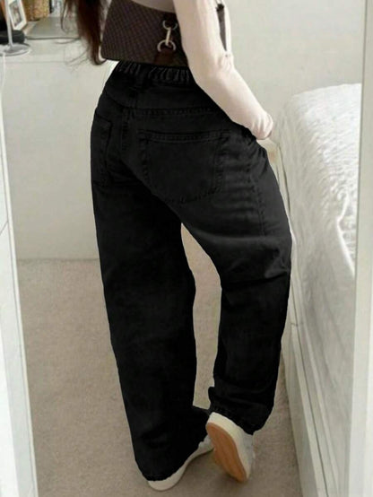 Trendy Plus Size High-Waisted Zipper Fly Straight Leg Pocket Denim Jeans Pants – Free Shipping