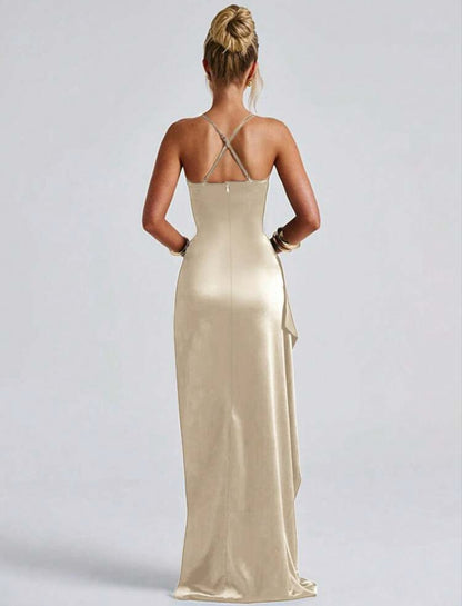 Stunning Ruched Strap High Slit Maxi Dress - Free Shipping
