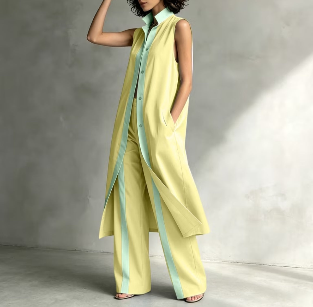 Timeless Buttoned Sleeveless Longline Top Wide-Leg Pants Outfit Set-Free Shipping