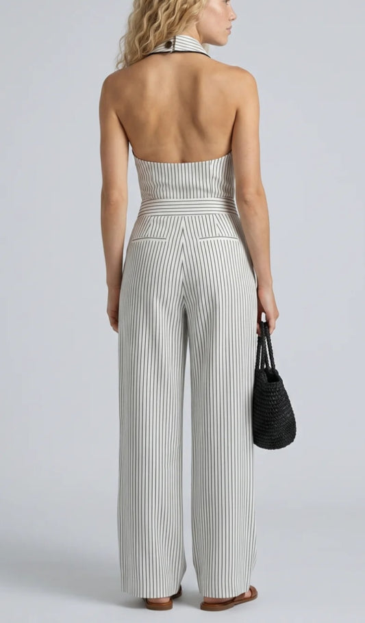 Timeless Striped Sleeveless Button-Down Wide-Leg Jumpsuit Outfit-Free Shipping