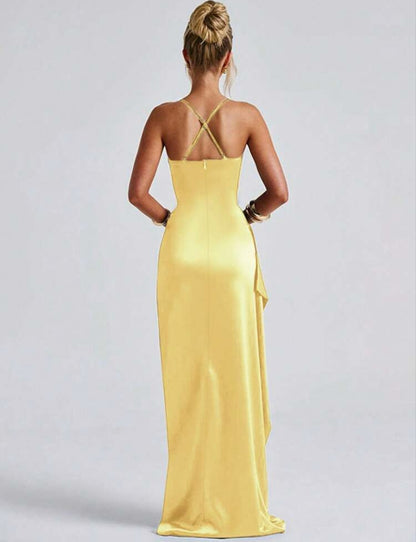 Stunning Ruched Strap High Slit Maxi Dress - Free Shipping