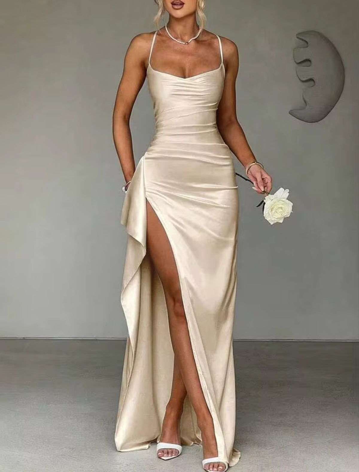 Stunning Ruched Strap High Slit Maxi Dress - Free Shipping
