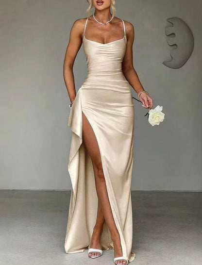 Stunning Ruched Strap High Slit Maxi Dress - Free Shipping