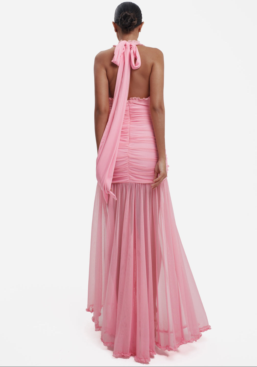 Stunning Plunging Halter Ruched Mesh High Slit Maxi Dress-Free Shipping