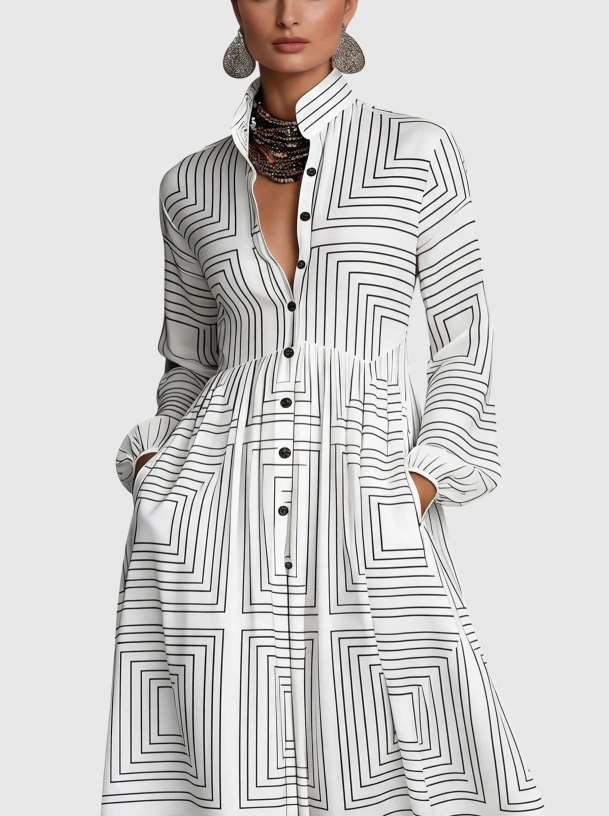 Vibrant Printed Buttoned Long Sleeve Flowy Maxi Dress-Free Shipping