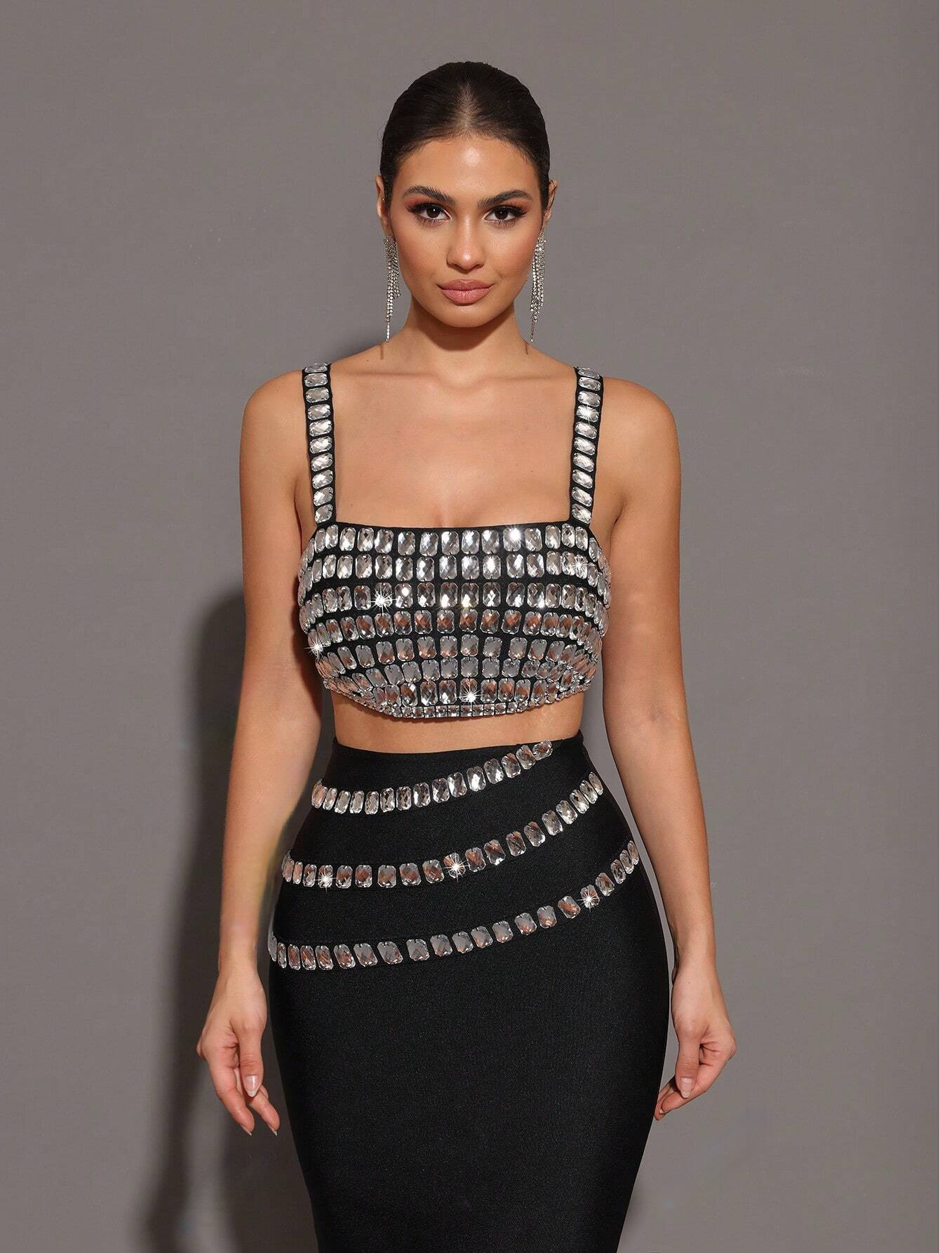 Sparkling Rhinestone-Embellished Strap Top & Long Skirt Set - Free Shipping