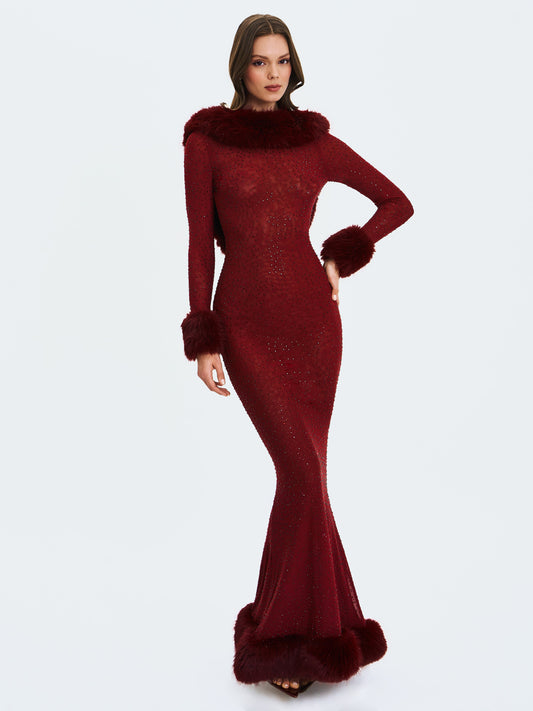 Miss Circle Mellie Burgundy Regular-Length Rhinestone Mesh Low Back Mermaid Gown - Free Shipping