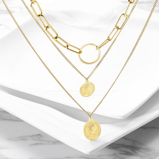 Triple Layered Gold Coin Necklace Fashion Layered Pendant - Free Shipping