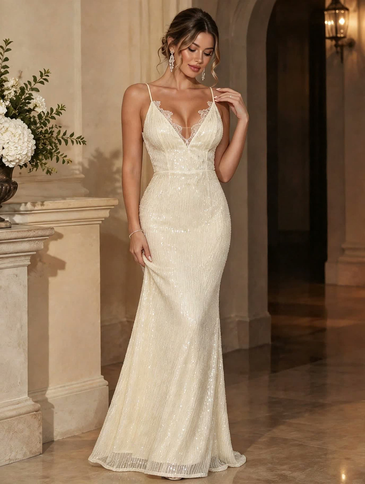 Elegant White Sequin Mermaid Gown With Spaghetti Strap And Contrast Lace - Free Shipping