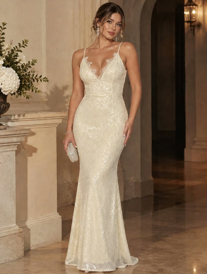 Elegant White Sequin Mermaid Gown With Spaghetti Strap And Contrast Lace - Free Shipping