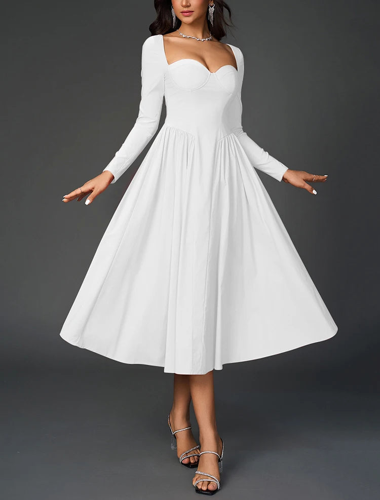 Beautiful Sweetheart Neckline Long Sleeve Pleated Midi A-Line Dress - Free Shipping