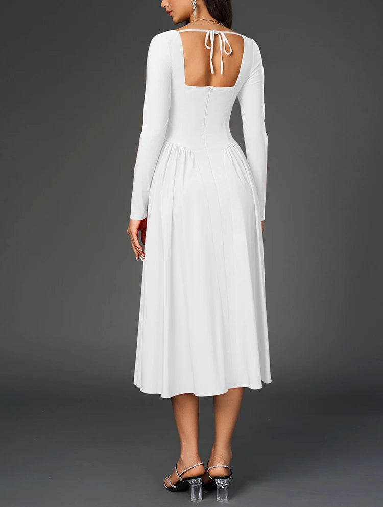 Beautiful Sweetheart Neckline Long Sleeve Pleated Midi A-Line Dress - Free Shipping