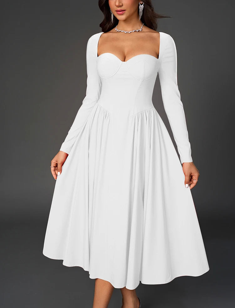 Beautiful Sweetheart Neckline Long Sleeve Pleated Midi A-Line Dress - Free Shipping