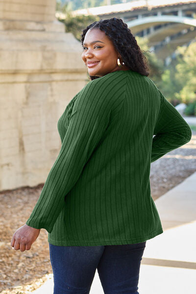 Classic Comfort: Full-Size Ribbed Knit Top with Round Neck and Long Sleeves