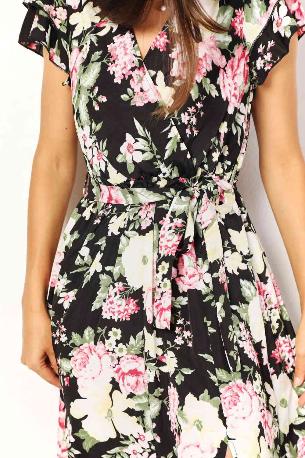 Elegant Floral Split Dress with Flutter Sleeves and Tie Waist - Versatile Style