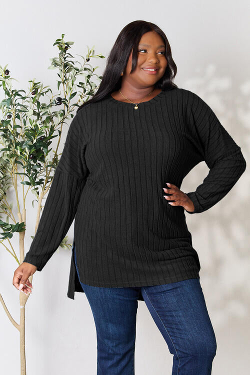 Sleek and Versatile: Full-Size Ribbed Long Sleeve Top with Elegant Neckline and Side Slit"