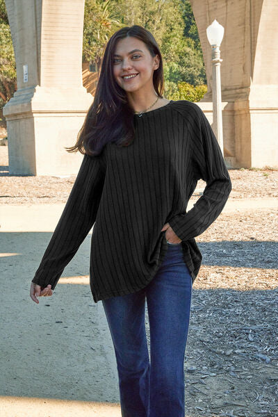 Classic Comfort: Full-Size Ribbed Knit Top with Round Neck and Long Sleeves