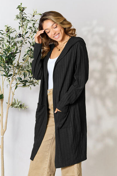 Stylish Ribbed Open Front Long Sleeve Cardigan for Women