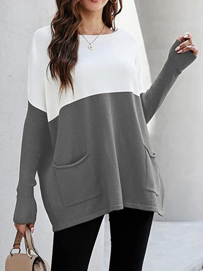 Stylish Two-Tone Pocketed Pullover Sweater - Cozy and Fashionable