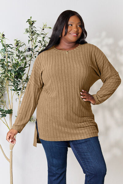 Sleek and Versatile: Full-Size Ribbed Long Sleeve Top with Elegant Neckline and Side Slit"