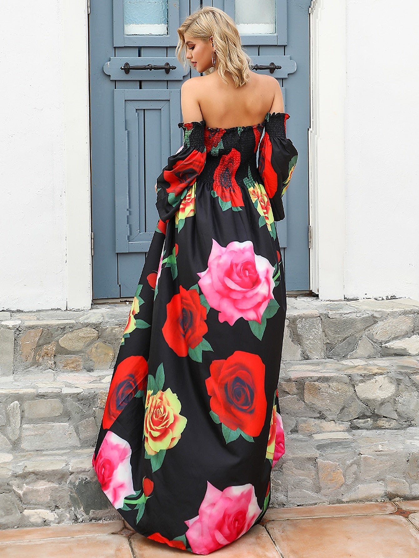 Floral Fantasy: Off-Shoulder Rose Print Maxi Dress