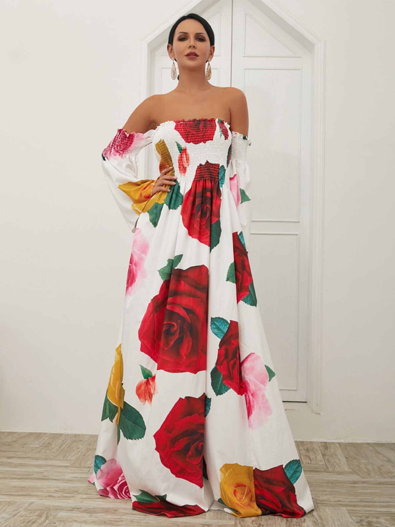 Floral Fantasy: Off-Shoulder Rose Print Maxi Dress