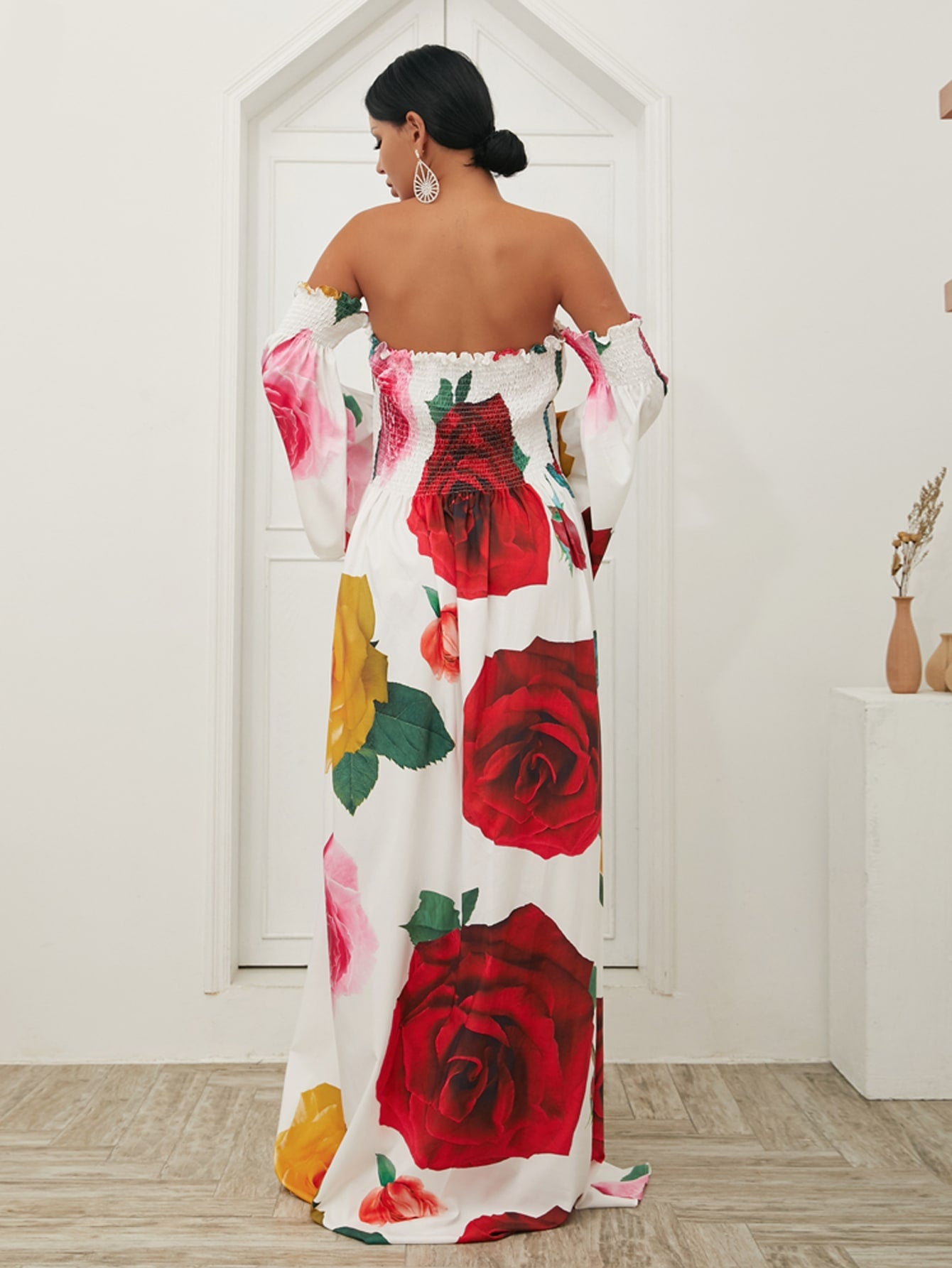 Floral Fantasy: Off-Shoulder Rose Print Maxi Dress