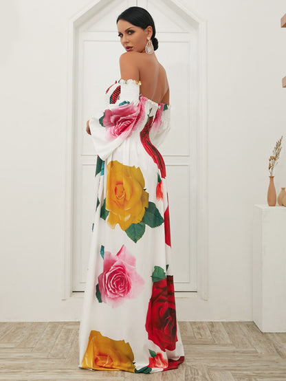 Floral Fantasy: Off-Shoulder Rose Print Maxi Dress