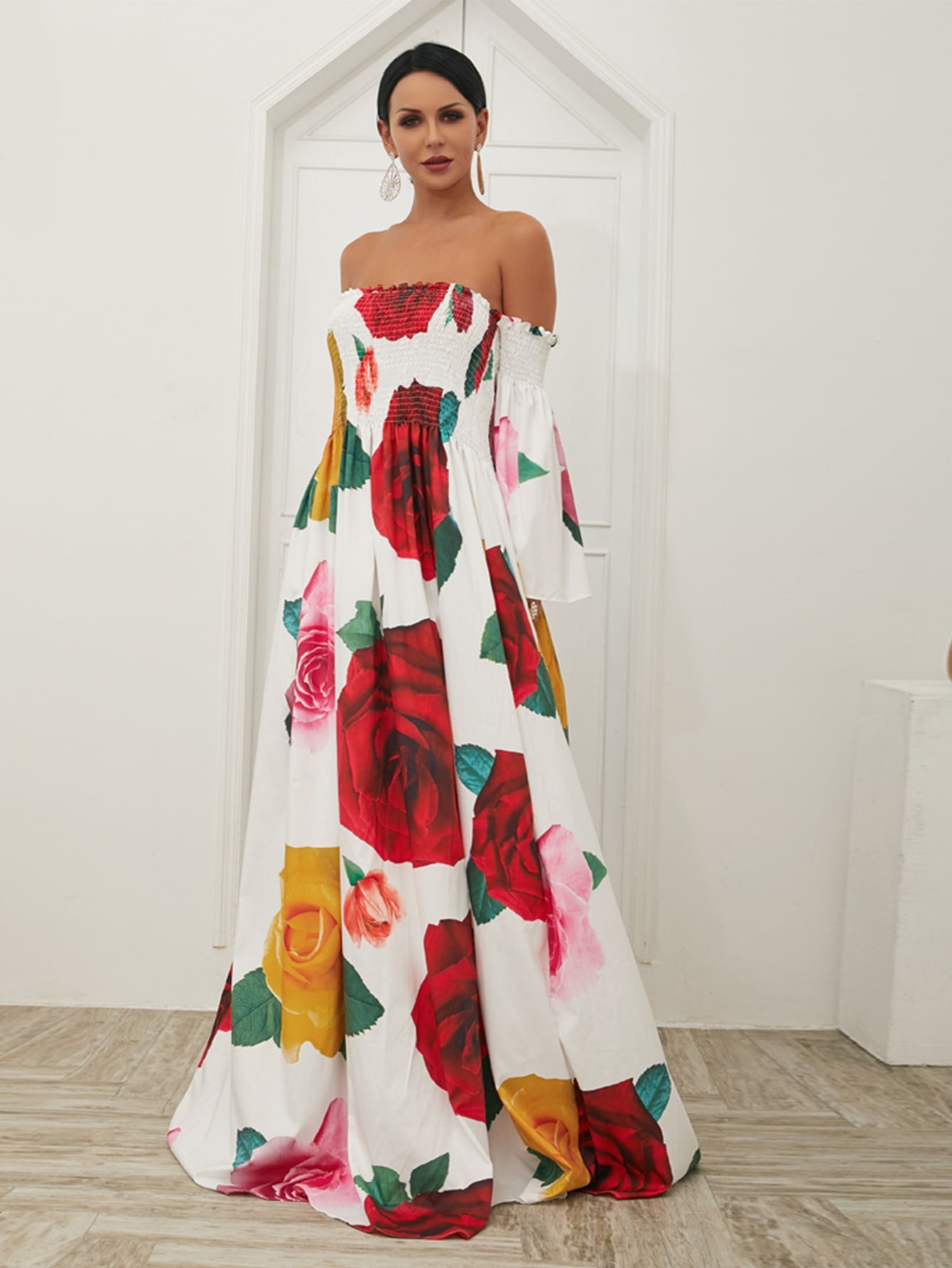 Floral Fantasy: Off-Shoulder Rose Print Maxi Dress