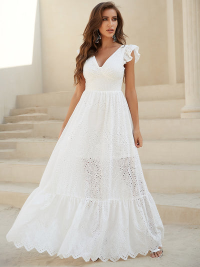 Lace-Up Low Back Flounce Hem Eyelet Dress