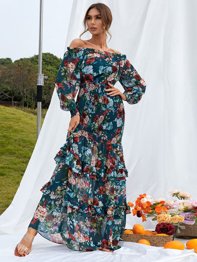 Chic Floral Off Shoulder Bishop Sleeve Ruffle Mermaid Maxi Dress