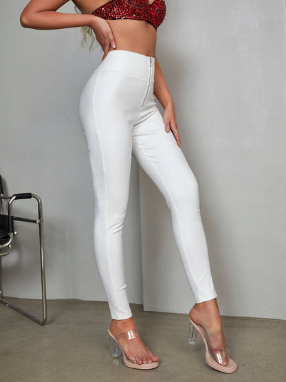 High-Waist Stretchy Zipper Front Thermal Lined PU Leather Ankle Skinny Tapered Pants